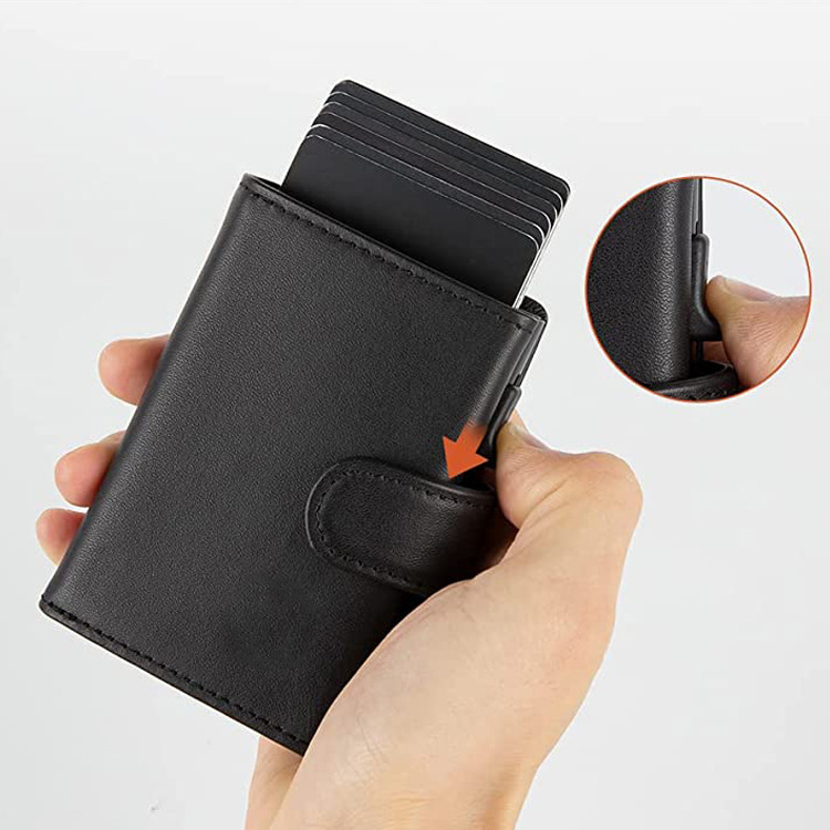 Nuevo cross-border empuje lateral caja de aluminio RFID billetera de cuero comercio exterior bolsa de tarjetas de aleación de aluminio de cuero cremallera bolsa de cambio