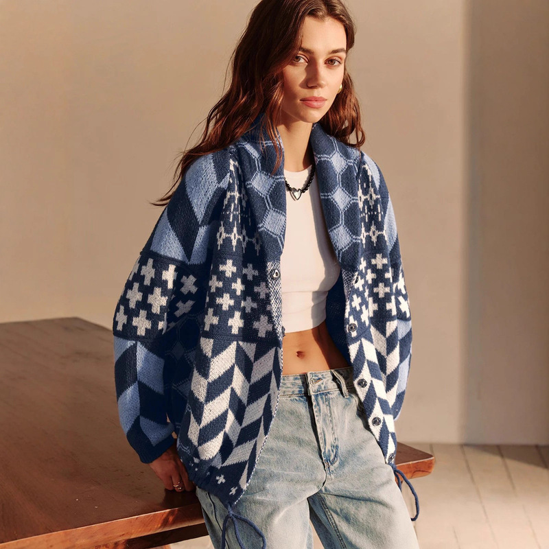2025 Cross-Border European and American Autumn and Winter New Fashion Knit Y2K Abstract Loose Long-Sleeved Knit Cardigan Sweater for Women