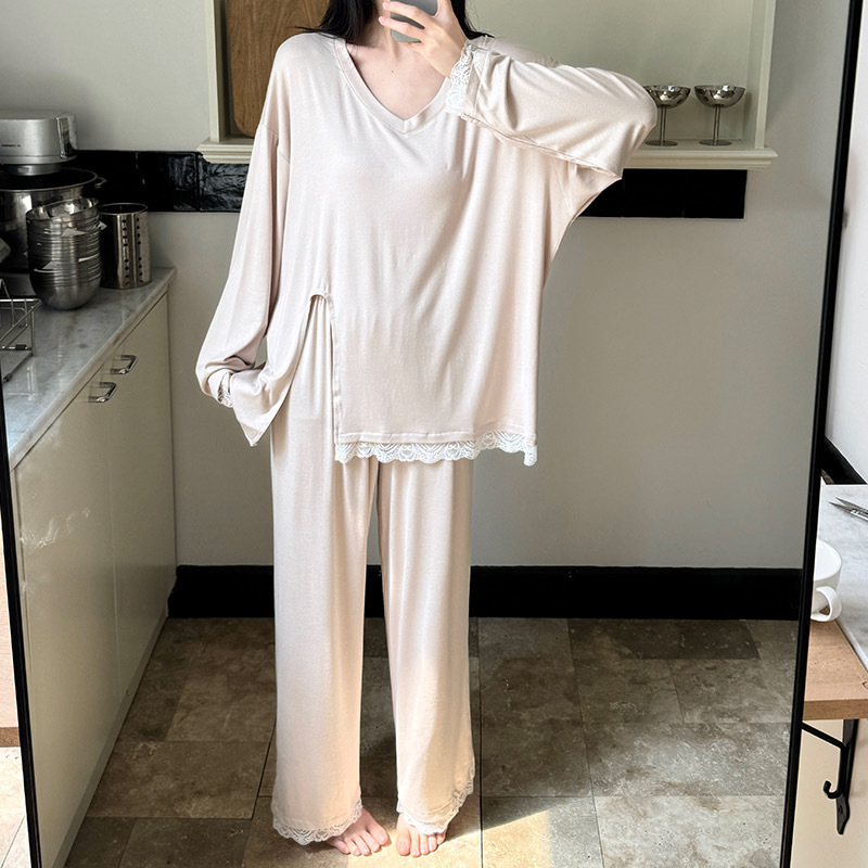 韩系春秋季新款长袖长裤莫代尔棉蕾丝花边简约休闲开叉上衣两件套|undefined