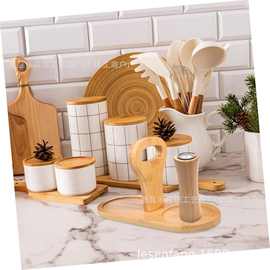 跨境竹木调味罐收纳托盘架家用厨房油壶醋壶酱油陶瓷瓶整理架手提