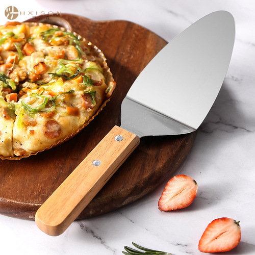 Pizza Turner with Wooden Handle, Triangle Cake Spatula, Transfer Spatula for Baking, Stainless Steel Steak Spatula, Cheese Cooking Tool, Round Panini Press