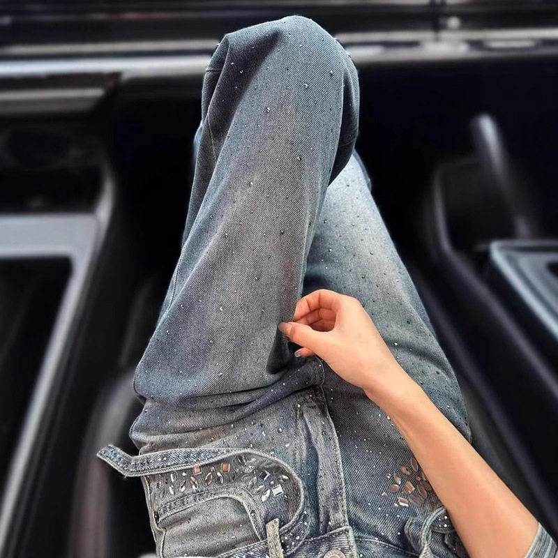 Bling Rhinestone Wide-Leg Jeans for Women 2025 Summer Thin Petite Slimming Design Loose Straight Pants
