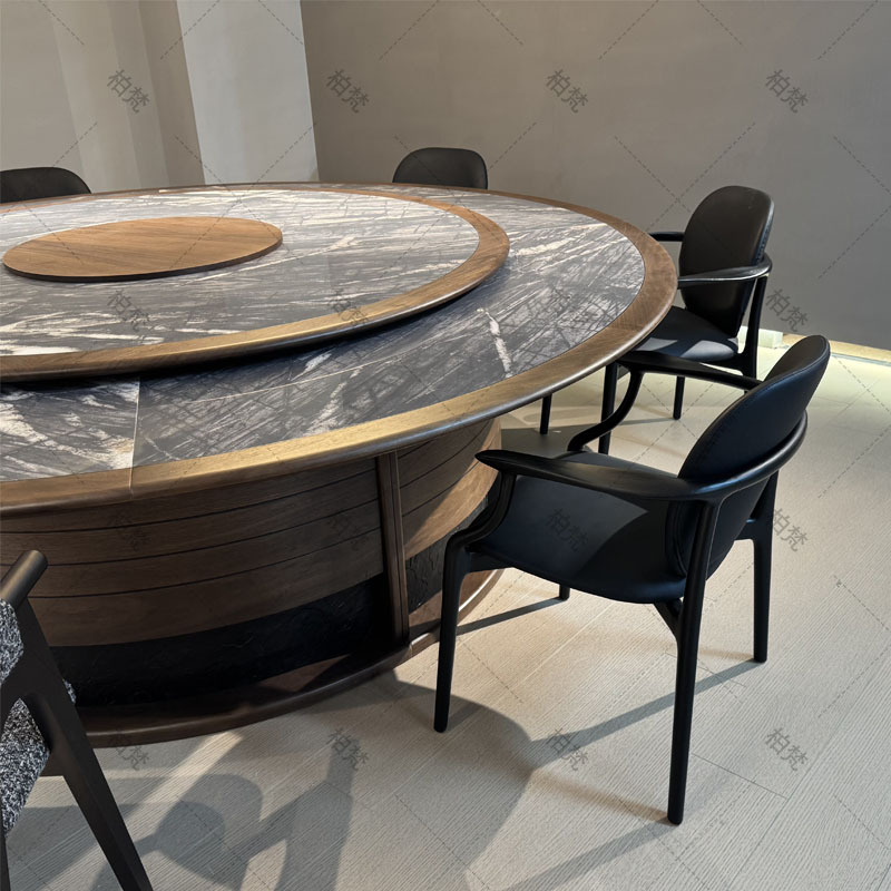 Mesa de comedor eléctrica del hotel mesa redonda grande nueva mesa de comedor de hotel de estilo chino 20 personas caja de club tablero de roca mesa redonda de mármol