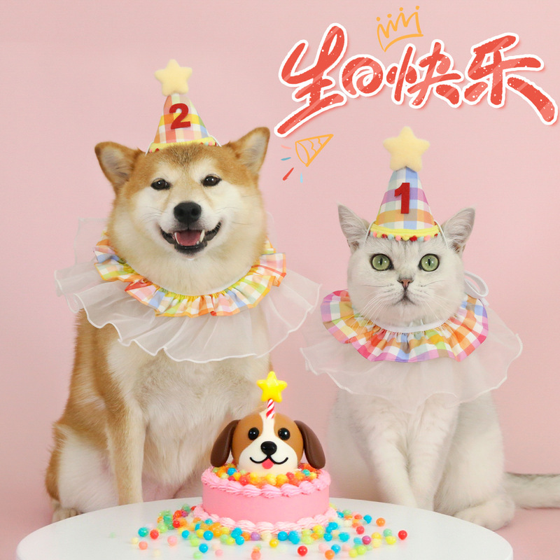 2025宠物生日围脖套装彩色格子花边围兜数字球球帽小中大型犬狗猫|undefined