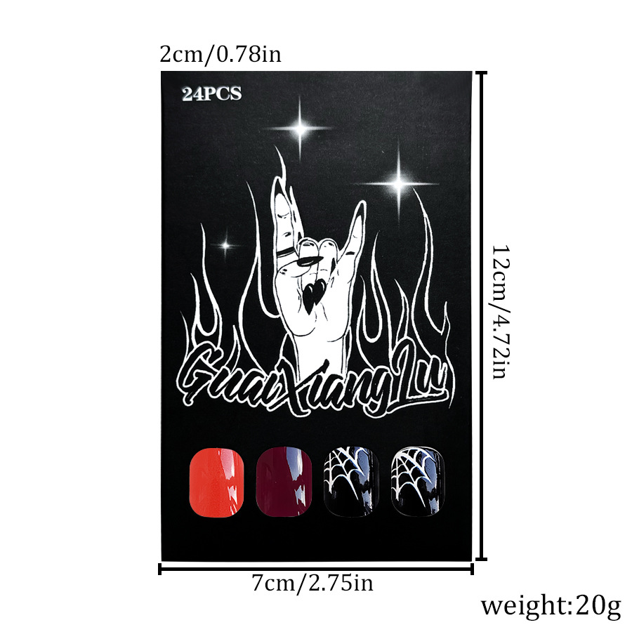 Unghie finte corte e luminose, ragnatela, zucca, arancione e rosso, semplici, armatura quadrata, manicure di Halloween, nuovo 24 pezzi_voghion.com