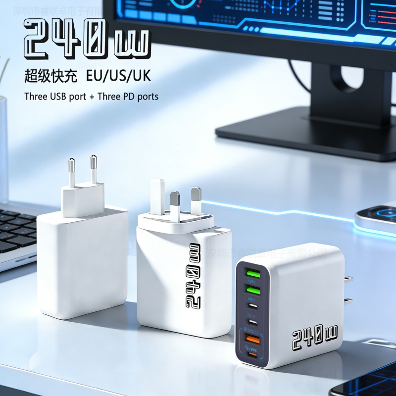 Cross-Border New 240W Super Fast Charging Head 3Usb+3Pd Multi-Port Smart Fast Charging European, American and British Mobile Phone Charger