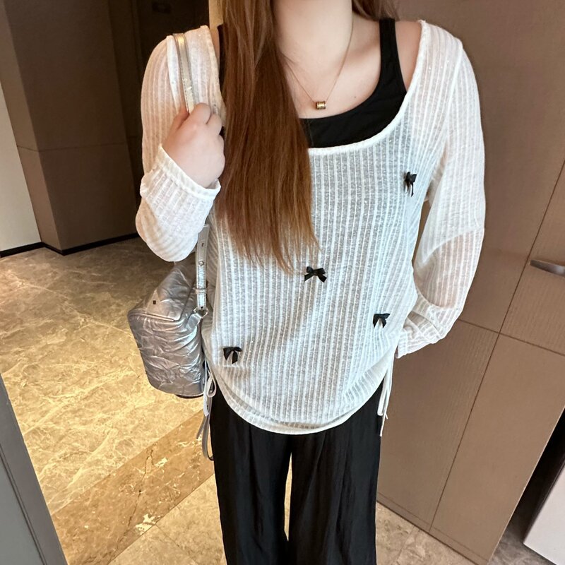 [Original Fabric] Plus Size Fat mm Design Fake Two-Piece 2024 Autum Belly-Covering Long-Sleeved Top in