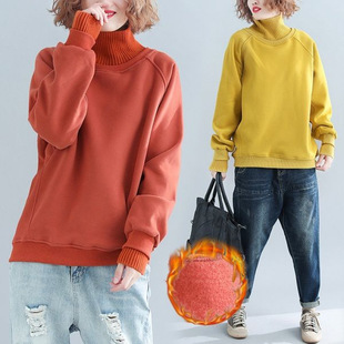 Plus Size Women's Autumn and Winter New Style Fat Girl Loose mm Velvet Thickeneded High Collar Pure Color Splicing Sweatshirt to Reduce Age and Look Slim