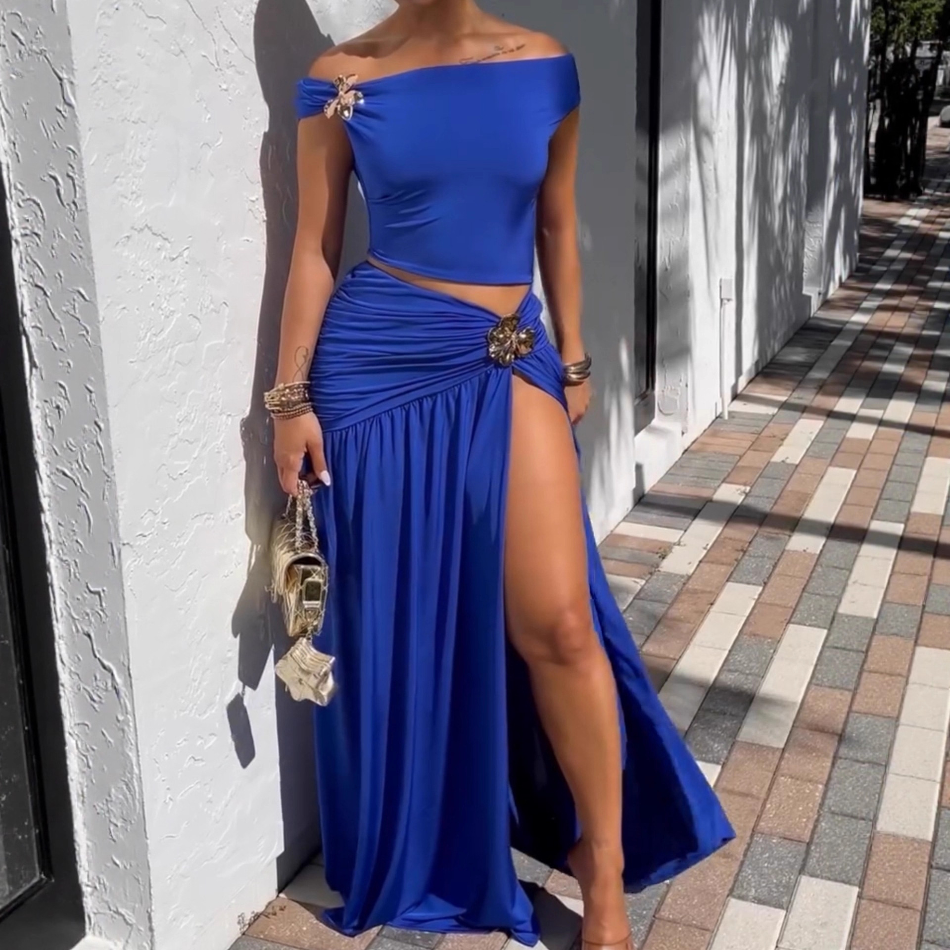 Women Sexy One Shoulder Off Shoulder Crop Top High Waist Slit Tucked Midi Skirt Two Piece Dress Set Ladies Party Outfit_ecoleips.com