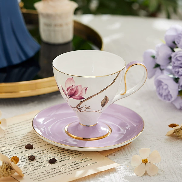 240CC Yaxin tea cup + saucer-Wandering in the Flower Garden (Hibiscus)