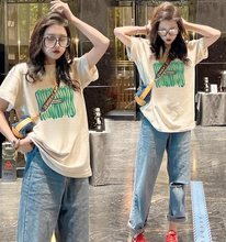 棉印花短袖T恤女2024夏季新款韩版中长款大码圆领半袖体恤上衣