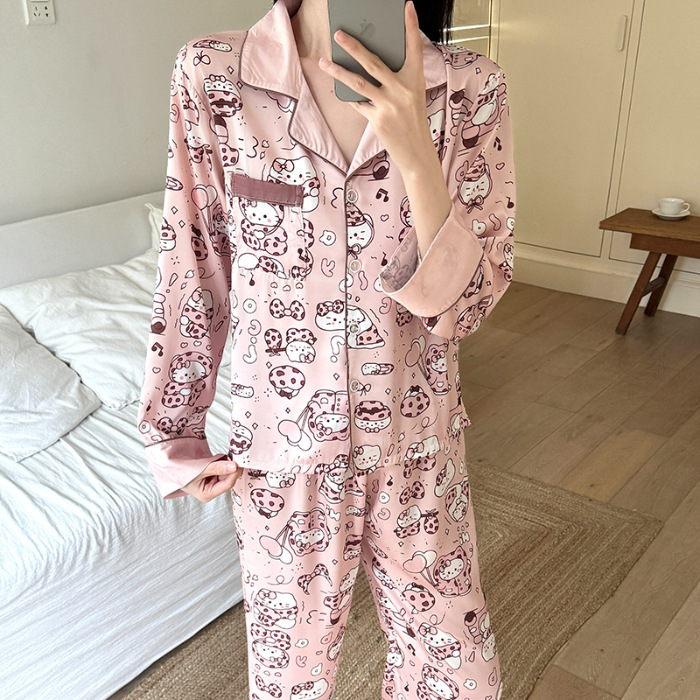 春秋季新款睡衣女韩系轻氧卡通甜美可爱冰雪丝长袖长裤家居服套装|undefined