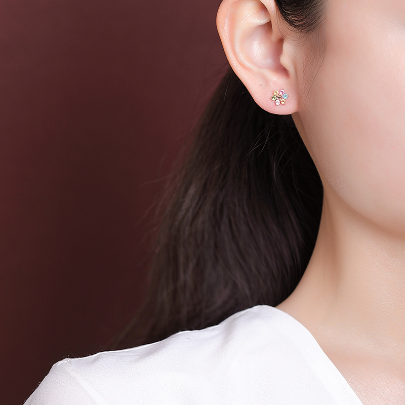 Bông tai bạc S925 mạ vàng hồng đính tourmaline hình hoa nhiều màu — Một cặp (màu sắc tourmaline là ngẫu nhiên)