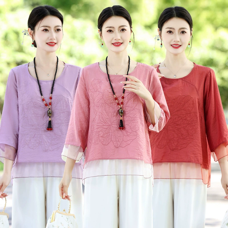 Новая летняя рубашка для мамы среднего возраста, ретро-футболка с круглым вырезом и вышивкой из органзы, женский свободный топ с рукавами три четверти