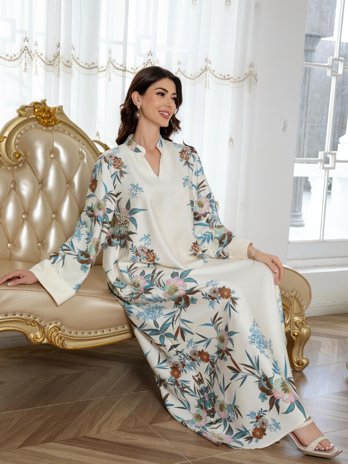 SW0803 Middle East Cross-Border Muslim Women's Robe Dubai Printed Long Dress Elegant And Stylish_ecoleips.com