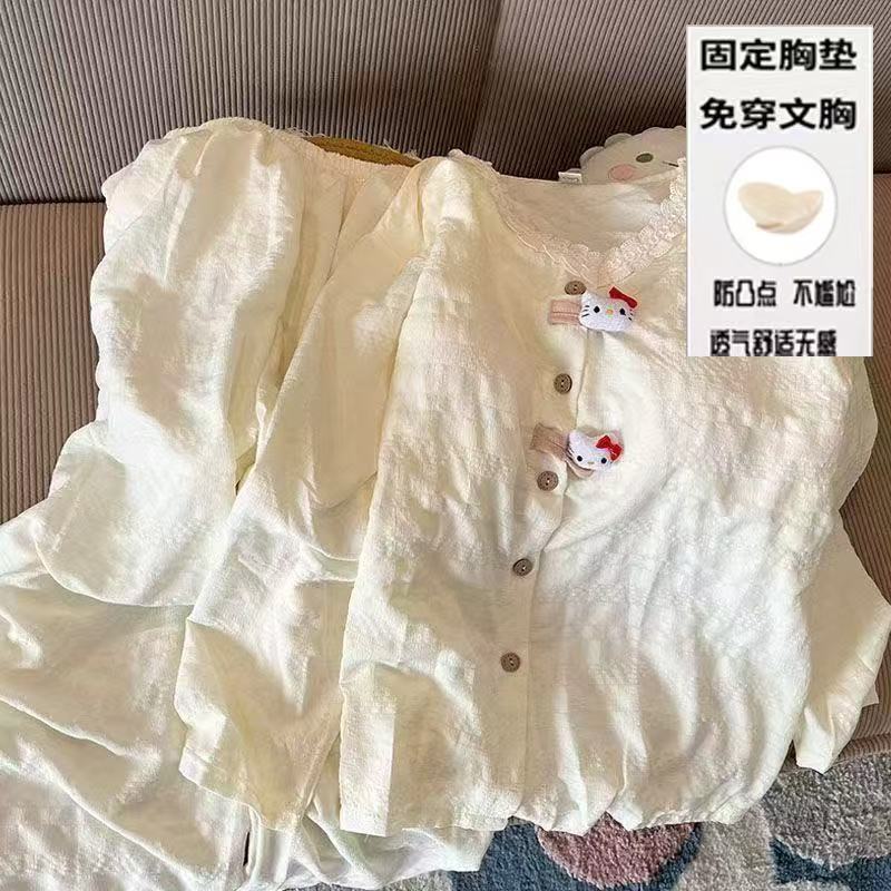Japanese-Style Bear Pajamas for Women, Spring and Autumn, Cloud Pattern, Built-In Chest Pad, Lace Trim, Round Neck, Open-Button, Long-Sleeve, Long Pants