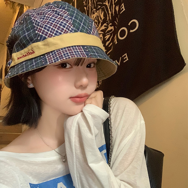 韩系复古格纹拼色渔夫帽女小众百搭文艺盆帽大头围显脸小水桶帽子|undefined