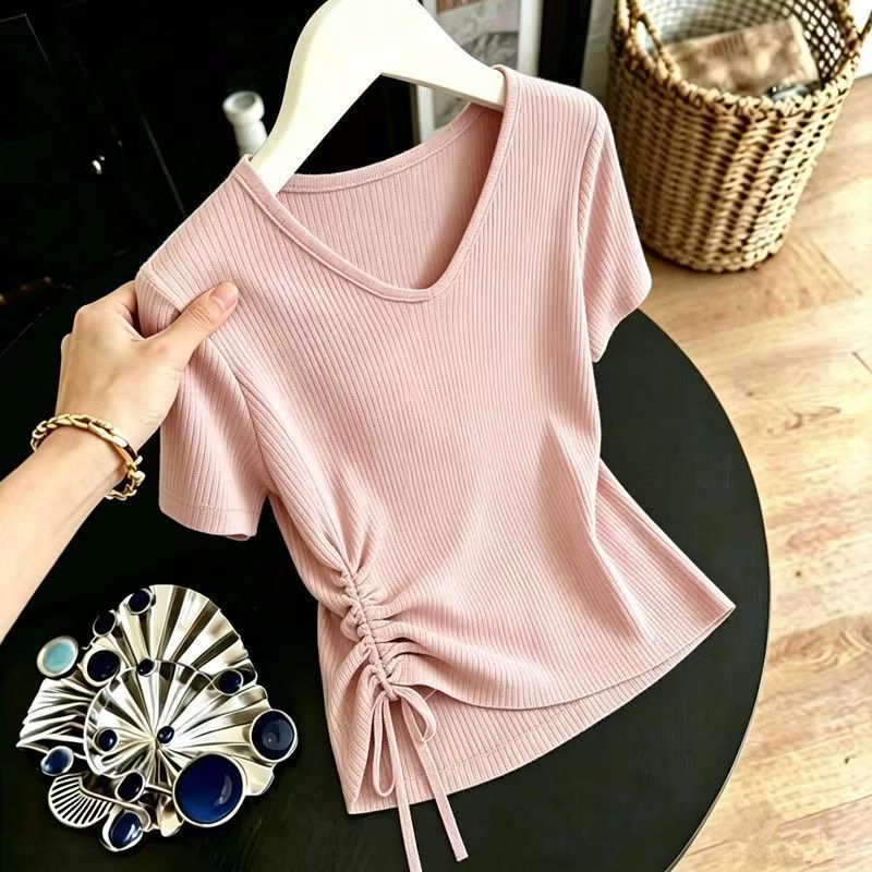 Áo thun nữ tay ngắn dây rút bất đối xứng phong cách Hàn Quốc form rộng — tím hoa cà chi tiết 3