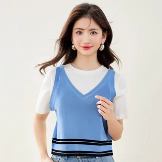 R8176夏季吊带拼接假两件针织衫女设计感小众短袖上衣女休闲韩版