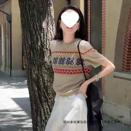 复古港风针织衫夏季凉感透气纱线小众宽松显瘦百搭上衣女短袖T恤
