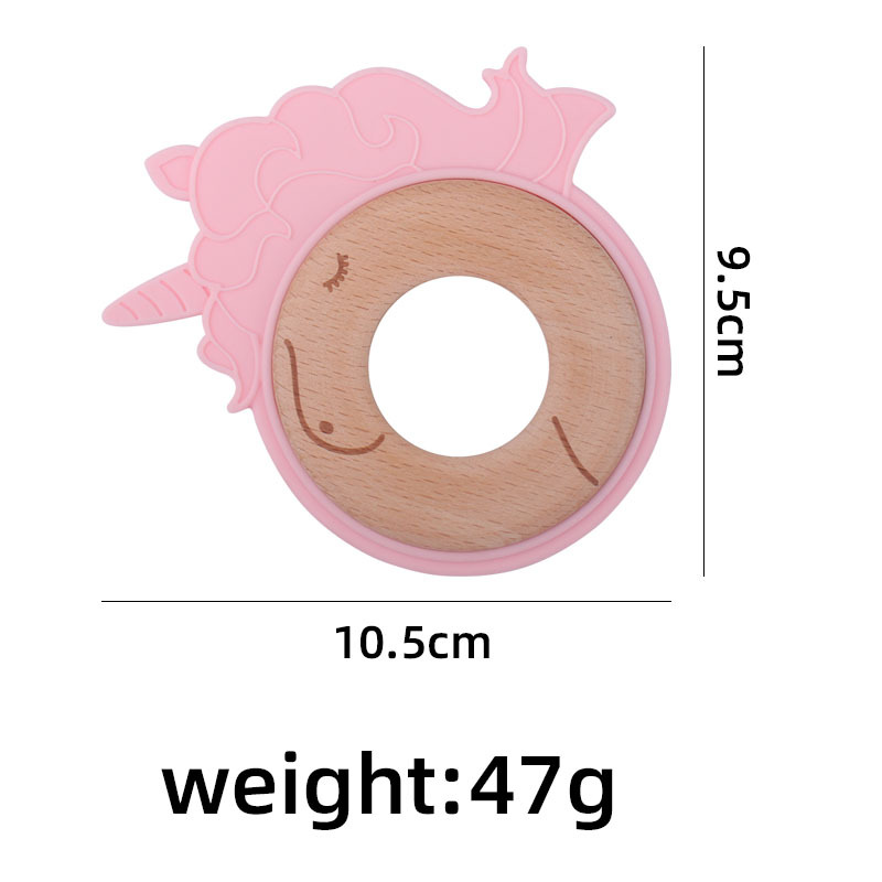 Nuevo bebé suministros de dibujos animados animal unicornio anillo de madera mordedura de bebé de goma molar de juguete de haya
