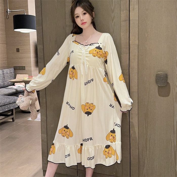 Venta al por mayor transfronteriza otoño nuevo estilo con almohadilla para el pecho imitación algodón camisón de manga larga pijama de estilo princesa de dibujos animados dulce servicio a domicilio femenino
