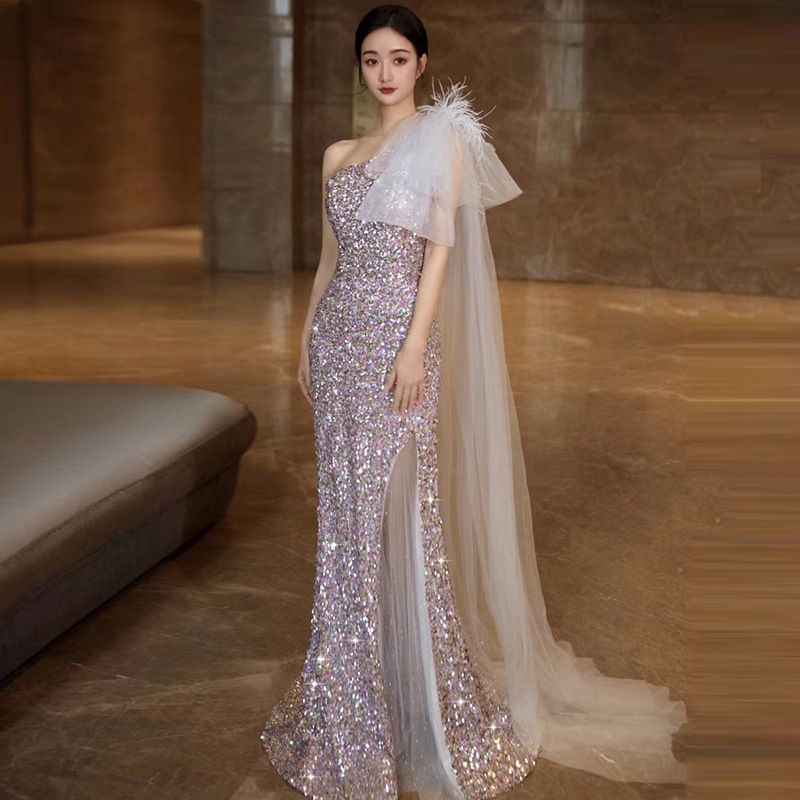 New Style Toast Dress High-set Light Luxury Evening Dress Women's Cross-border One-shoulder Fishtail Sequins Formal Occasion Host Dress