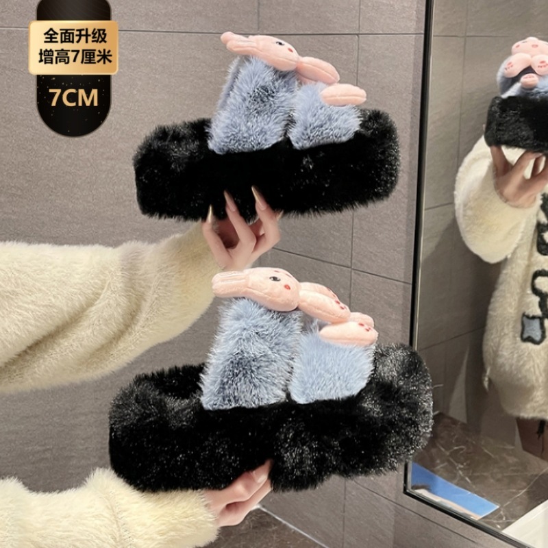 女性用7CM厚底身長増加ファーフロップスリッパ、2025秋冬新作漫画カエルホームコットンスリッパ|undefined