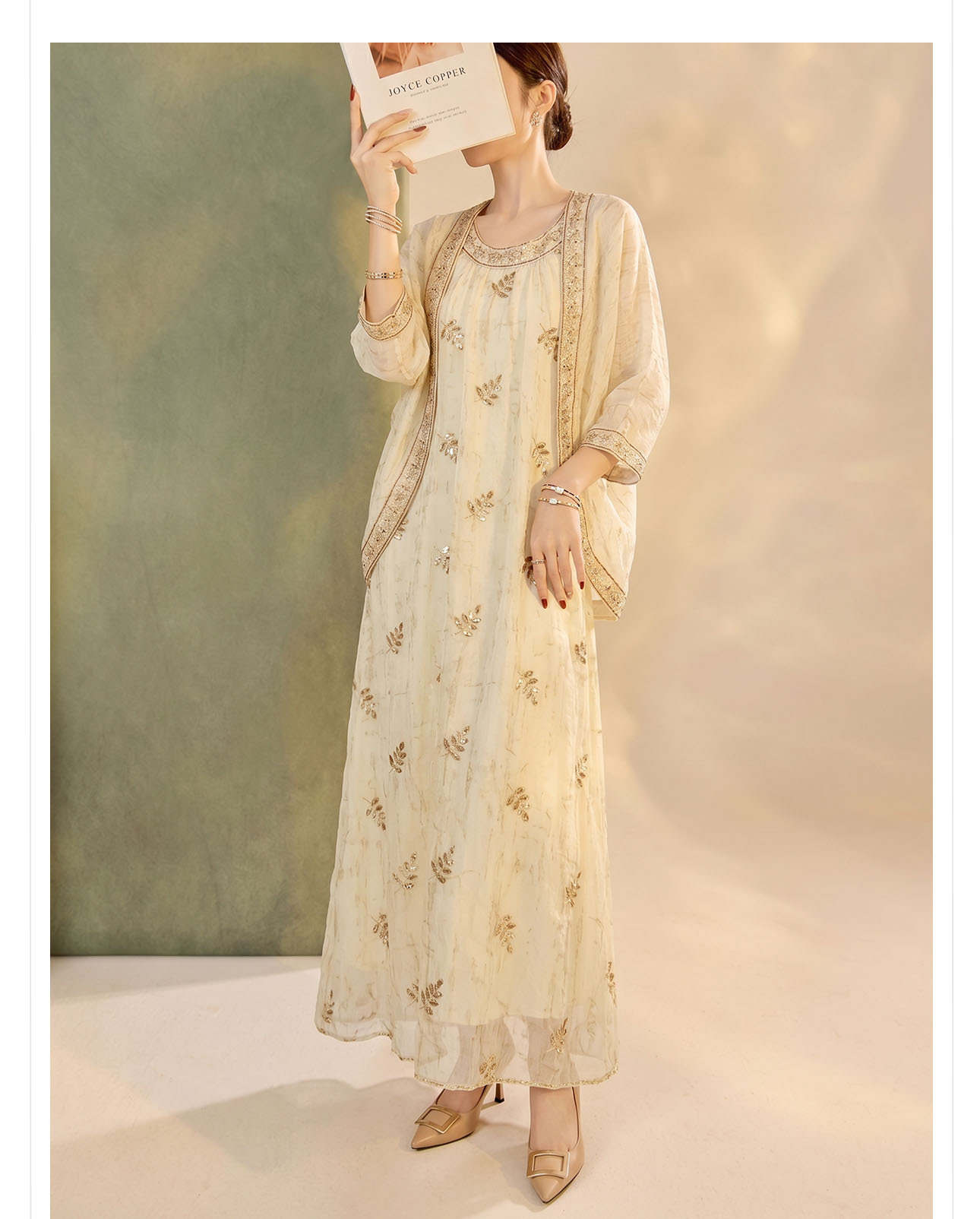 Bộ cardigan thêu đính cườm và đầm phong cách nữ tính — bộ đồ, Trang phục, Áo khoác chi tiết 7