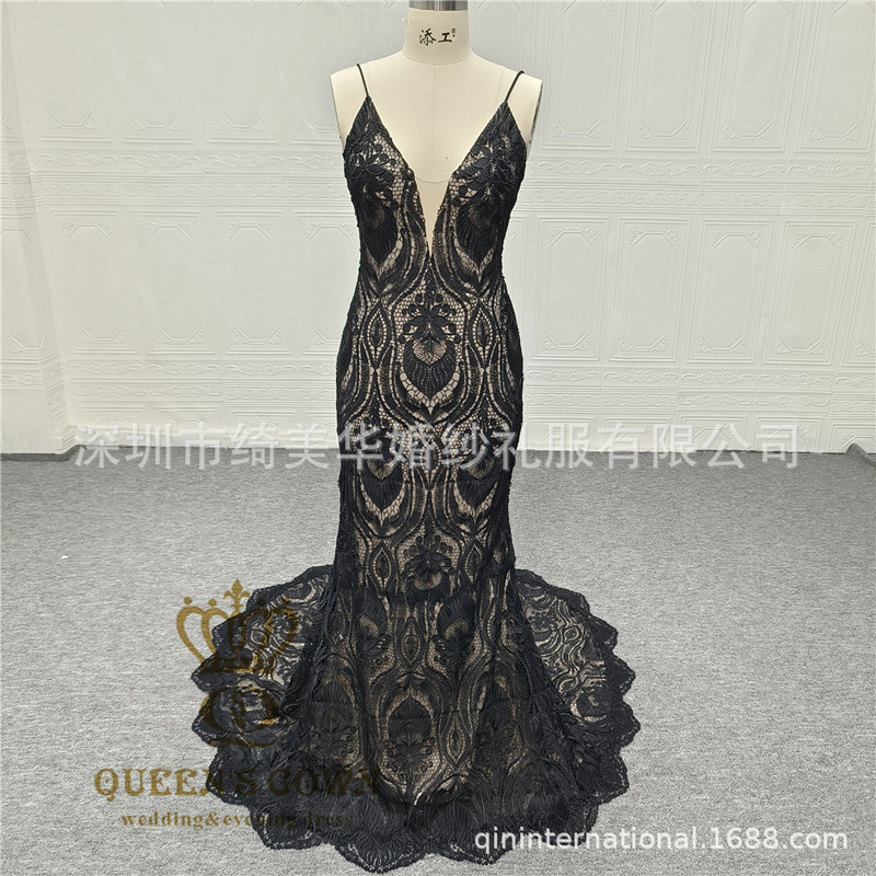 Elegant Black Mermaid Formal Dress High Quality French Soft Lace Deep V Neck Spaghetti Strap European and American Party Dress