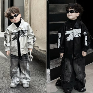 Children's Clothing Boys' Leather Jacket Children's Motorcycle Style Leather Jacket Korean Loose Top Jacket Trendy Cool Jacket
