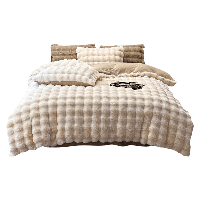 Imitación de conejo cama de peluche de cuatro piezas de coral de peluche de leche 2025 nuevo edredón sábanas de cama de tres piezas de invierno engrosado