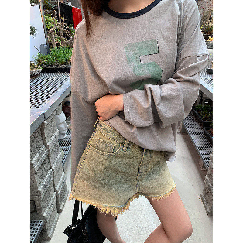 Yu a new 2025 summer waste soil wind tassel Denim shorts women's retro hot wide leg shorts women's 6029