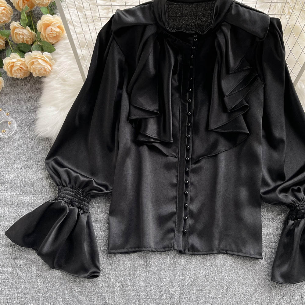 Chic GraceChic GraceChic GraceChic Foreign Trade French High-End Shirt For Women With Ruffled Stand Collar, Single-Breasted Sweet And Elegant Lantern_voghion.com