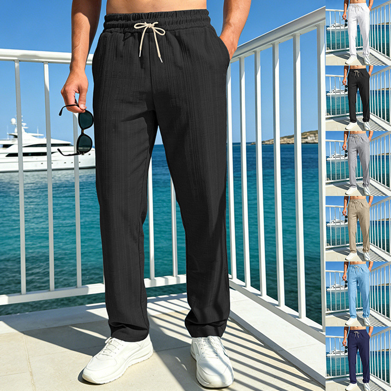 Cross-Border Amazon European and American Men's Loose Breathable Spring and Autumn Imitation Linen Bamboo Simple Casual Sports Jogging Pants