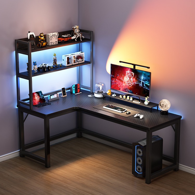 Esquina mesa de computadora mesa de escritorio casera de doble mesa agujero tablero agujero estante de libros dormitorio mesa de esquina mesa de juego