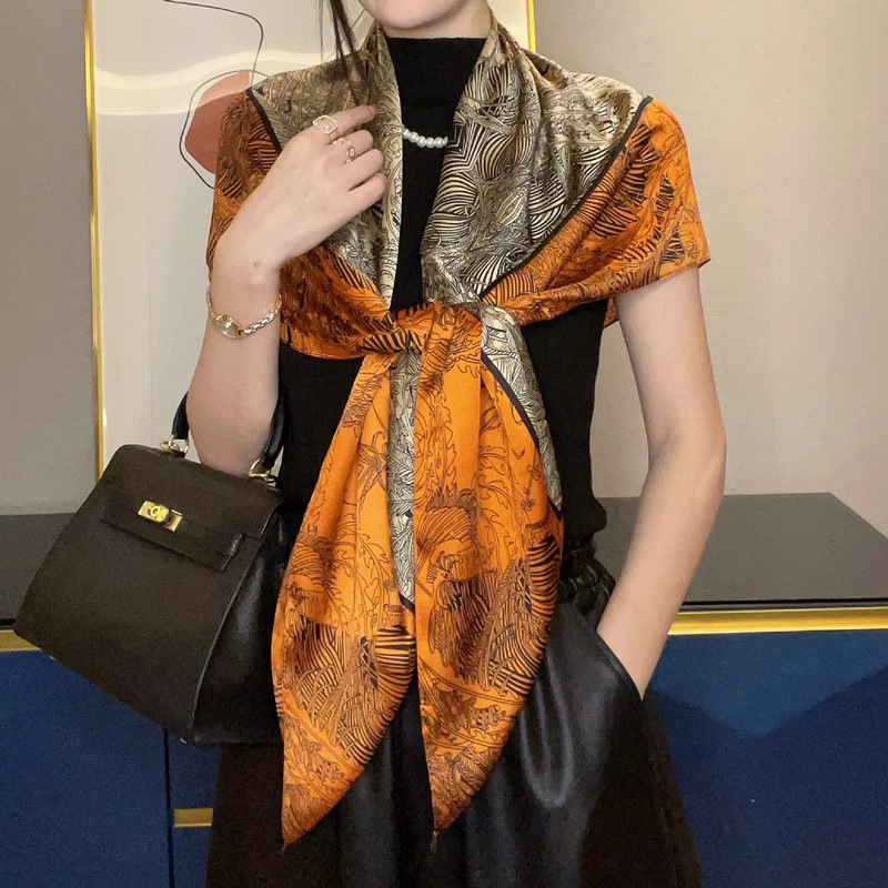 High-End Orange Large Square Scarf 110 Printed Imitation Silk Scarf Women's Sun Protection Shawl for Mother High-End Orange Large Square Scarf 110 Printed Imitation Silk Scarf Women's Sun Protection Shawl for Mother