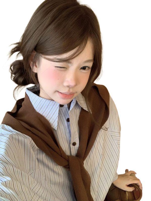 2025韩系蓝色条纹翻领长袖衬衫外套女秋季宽松休闲百搭开衫衬衣潮|undefined