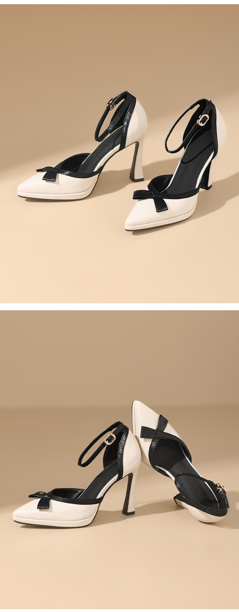 Sandal cao gót nữ phối màu phong cách Chanel, quai một khuy, mũi kín, gót nhọn 9 cm — Rượu vang đỏ, màu trắng ngà chi tiết 11