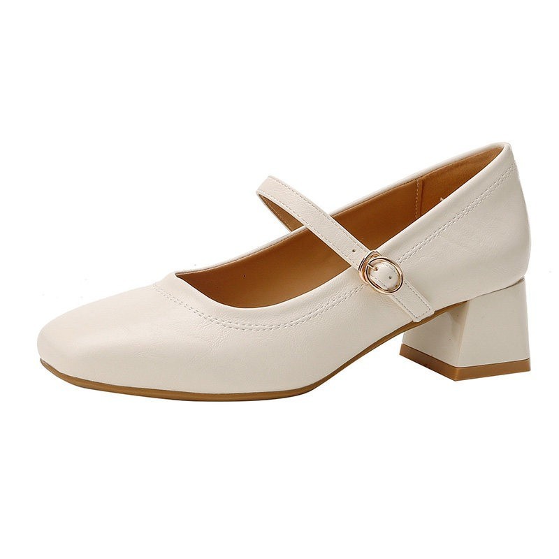 2026 primavera nuevo estilo de botón de talón medio zapatos de mujer redonda tacones gruesos temperamento viaje zapatos de cuero pequeños