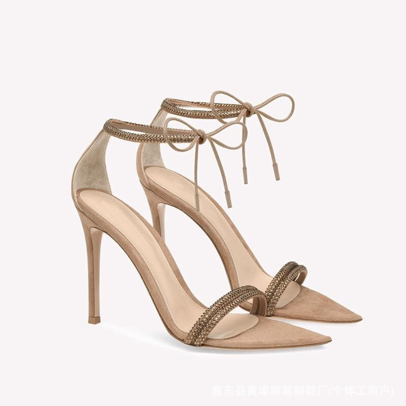 Sandals 2025 New Women's Summer Elegant Socialite Pointed Tape High Heels All-match Fashion Rhinestone Stiletto Heels