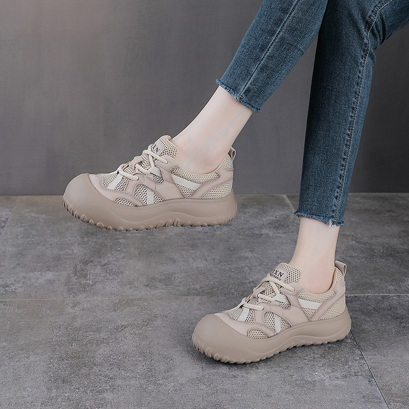 Giày sneaker nữ lưới thoáng khí đế mềm dây buộc da thật — màu be