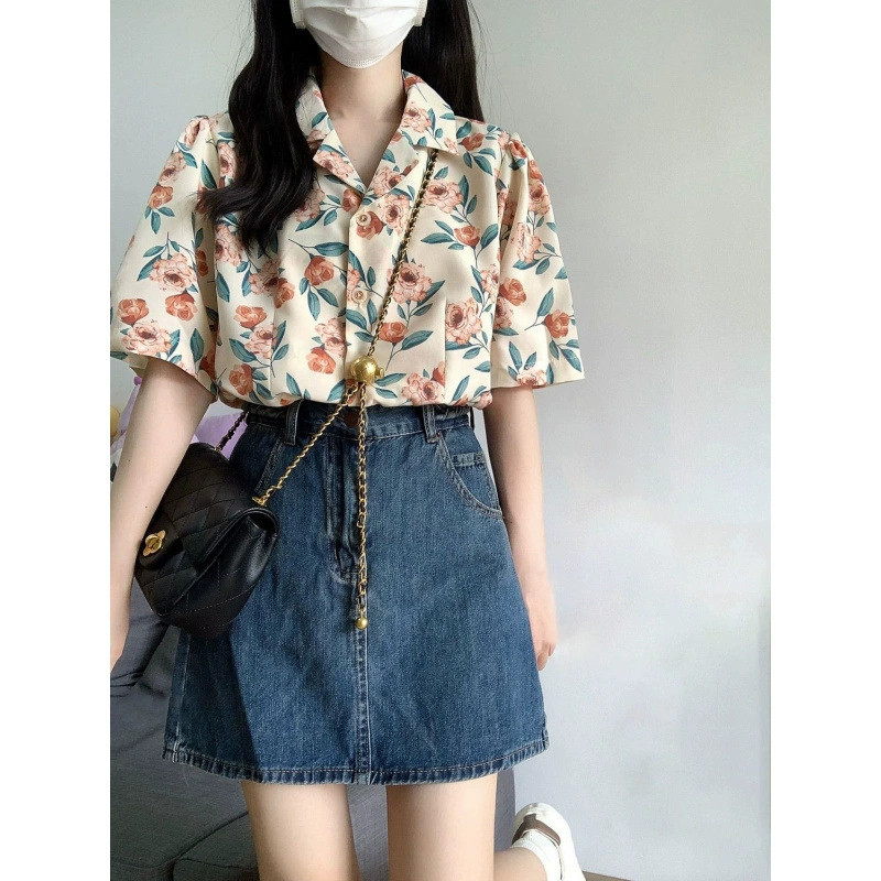 Женская рубашка с цветочным принтом из двух частей, топ с короткими рукавами, джинсовая юбка в стиле ретро, ​​новый костюм в китайском стиле.
