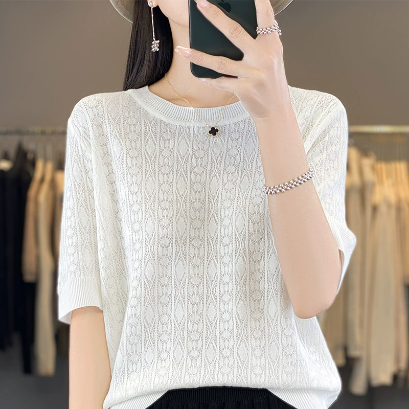 Лето 2024 новая ледяная льна с круглым вырезом с полым трикотажом с короткими рукавами женская свободная дикая тонкая рубашка