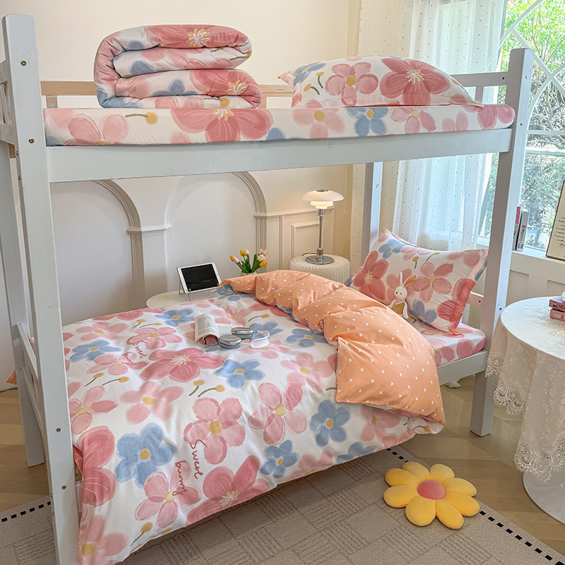 Juego de cama de dormitorio de estudiantes universitarios de tres piezas de algodón puro algodón lavado de algodón sábana individual funda de edredón juego de cama de cuatro piezas