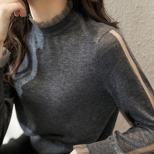 Easy to wear and coordinate across seasons!Elegant splicing lace wool sweater women's base layer new thin style