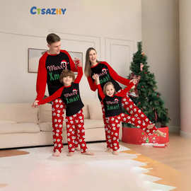 欧美亲子家居服圣诞帽字母印花长袖圣诞老人卡通印花长裤睡衣套装