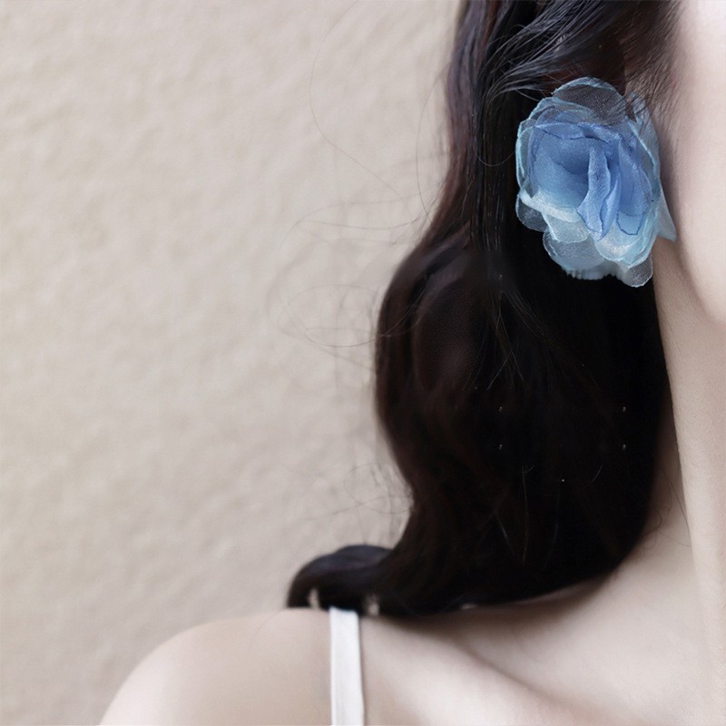 Aguja de plata, estilo de vacaciones azul, pendientes de lazo de flores suaves, pendientes de moda fresca, pendientes de ambiente dulce