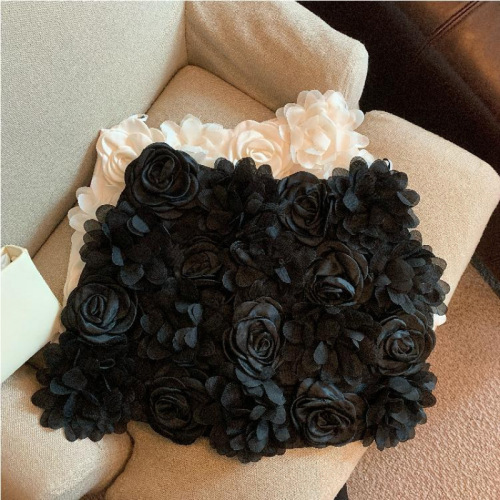 Stylish versatile 3D rose flower semi-sleeve skirt for autumn solid color high-waisted slimming A-line short skirt