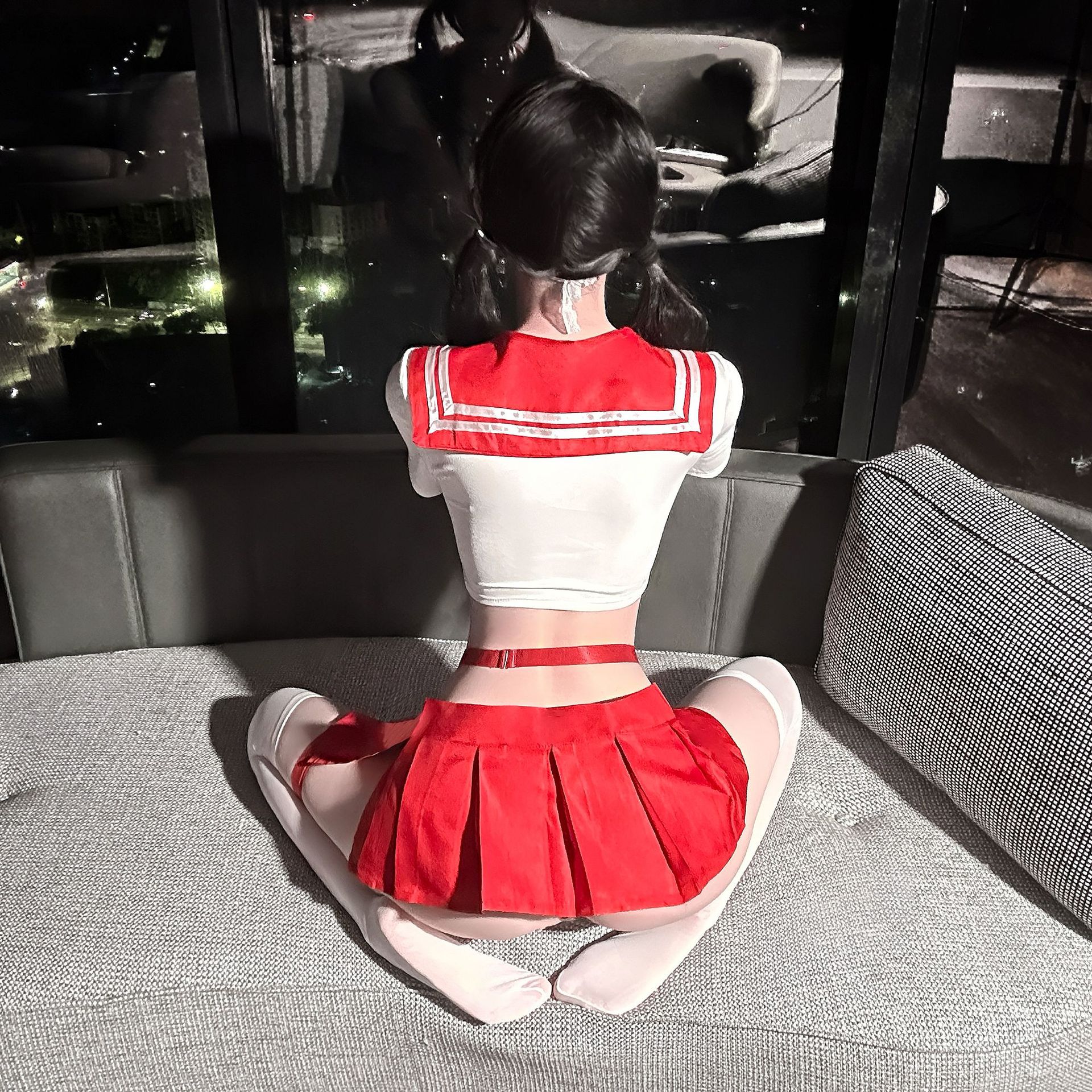 Japanese School-Style Sailor Costume Set with Pleated Skirt, Top, Leg Ring and Thong — detail image 4